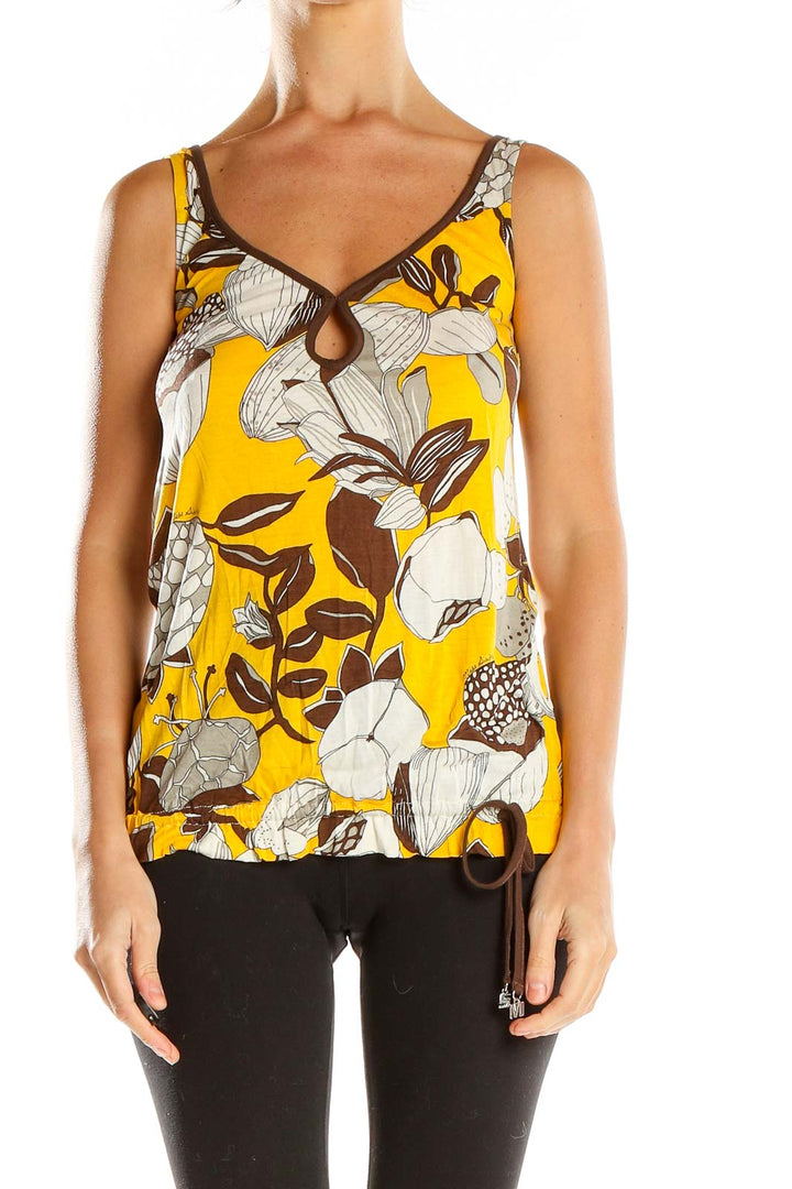 Front view of Miss Sixty yellow floral print sleeveless top with V-neckline