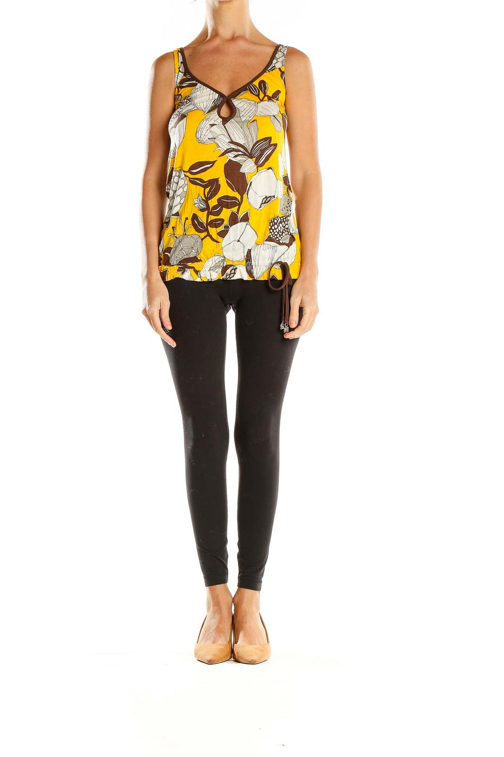 Front view of Miss Sixty yellow floral print sleeveless top with V-neckline