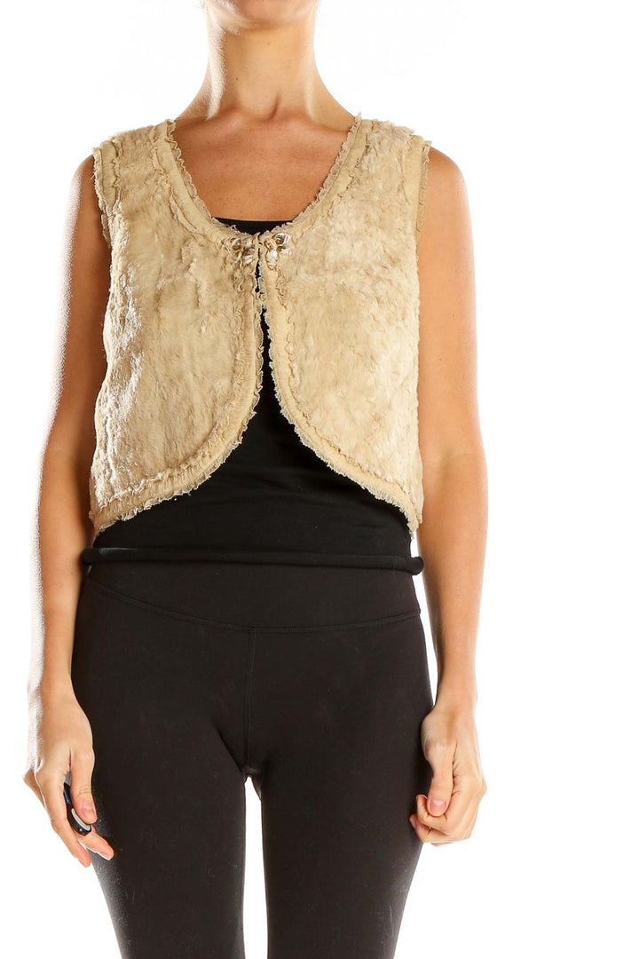 Front view of Rebecca Taylor beige faux fur cropped vest