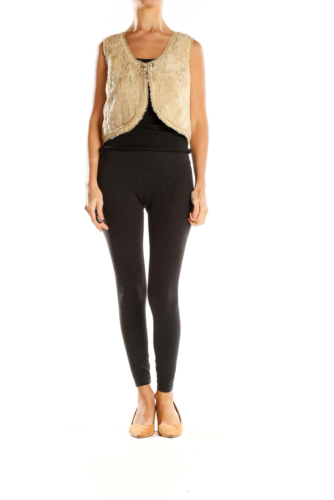 Front view of Rebecca Taylor beige faux fur cropped vest