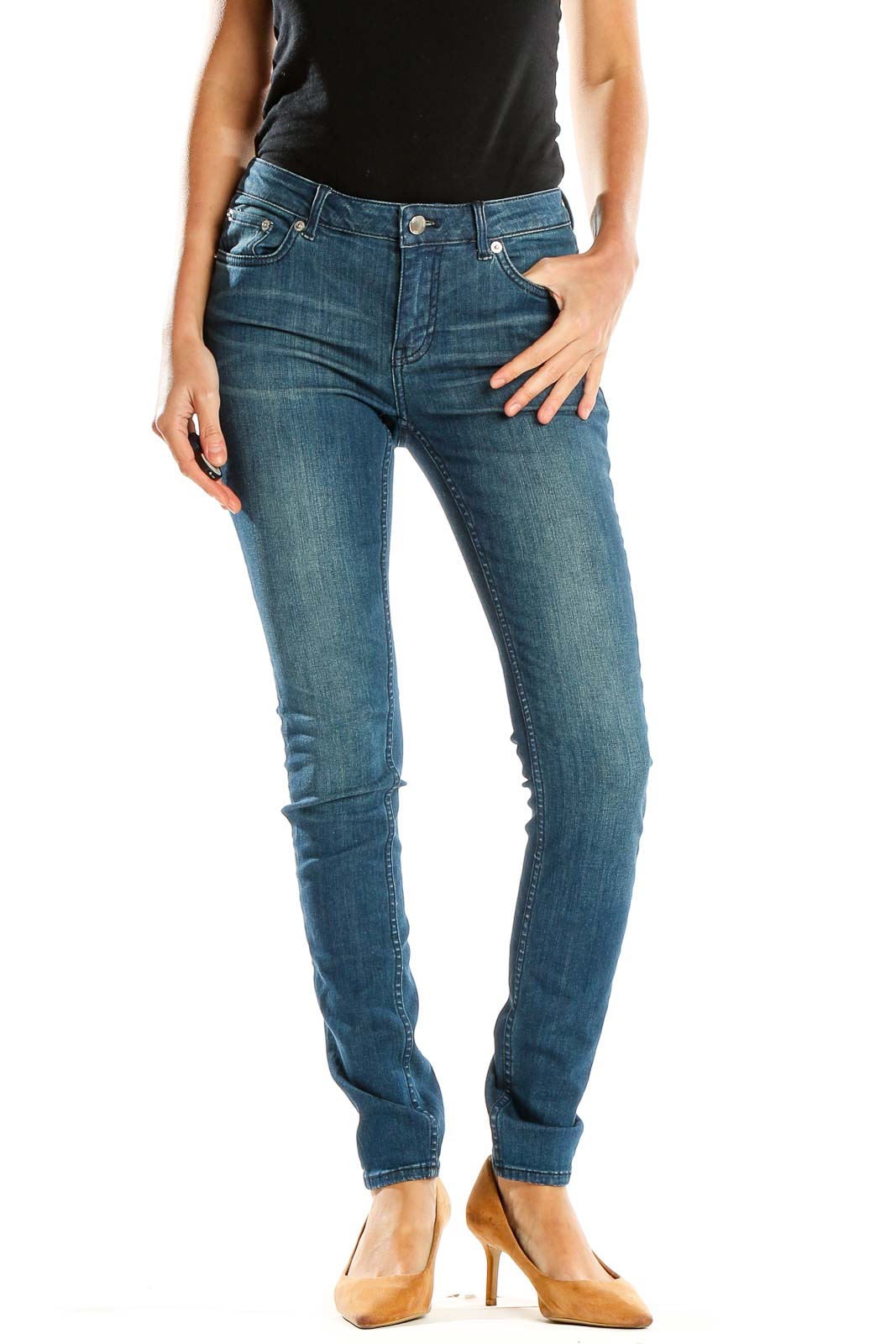 Front view of BLK DNM blue slim fit denim jeans on model