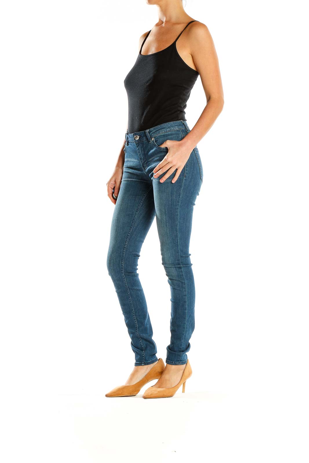 Front view of BLK DNM blue slim fit denim jeans on model