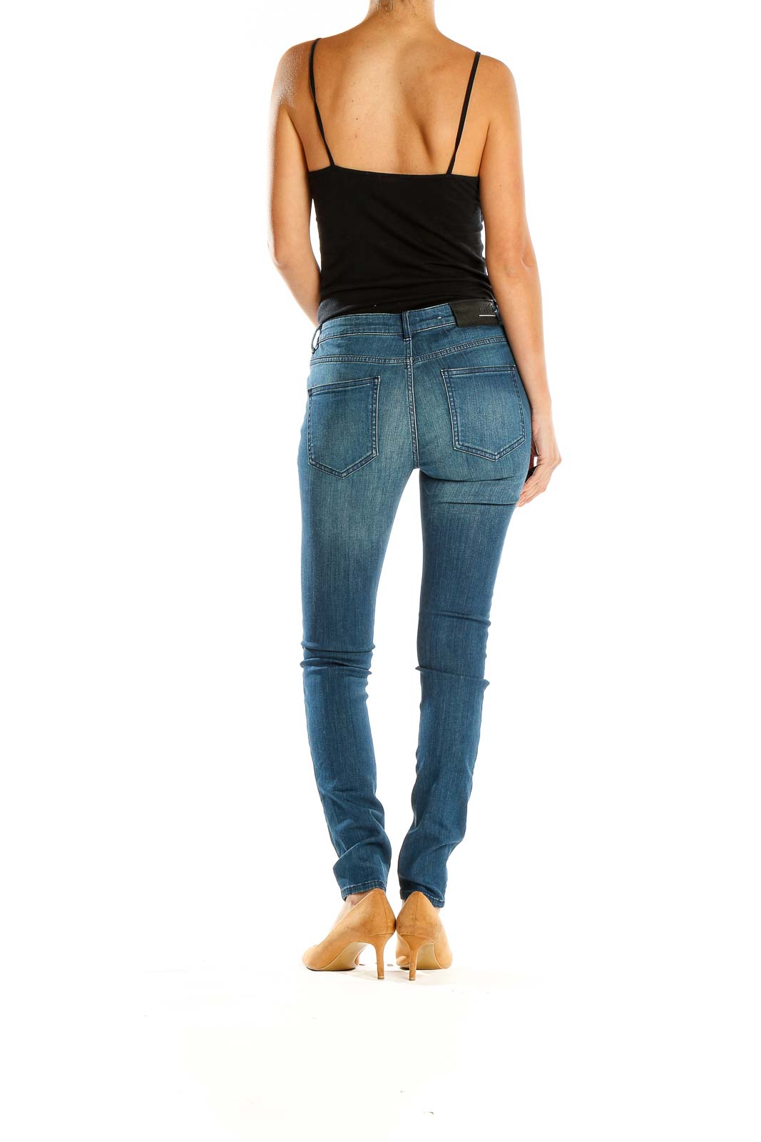 Back view of BLK DNM blue slim fit denim jeans on model