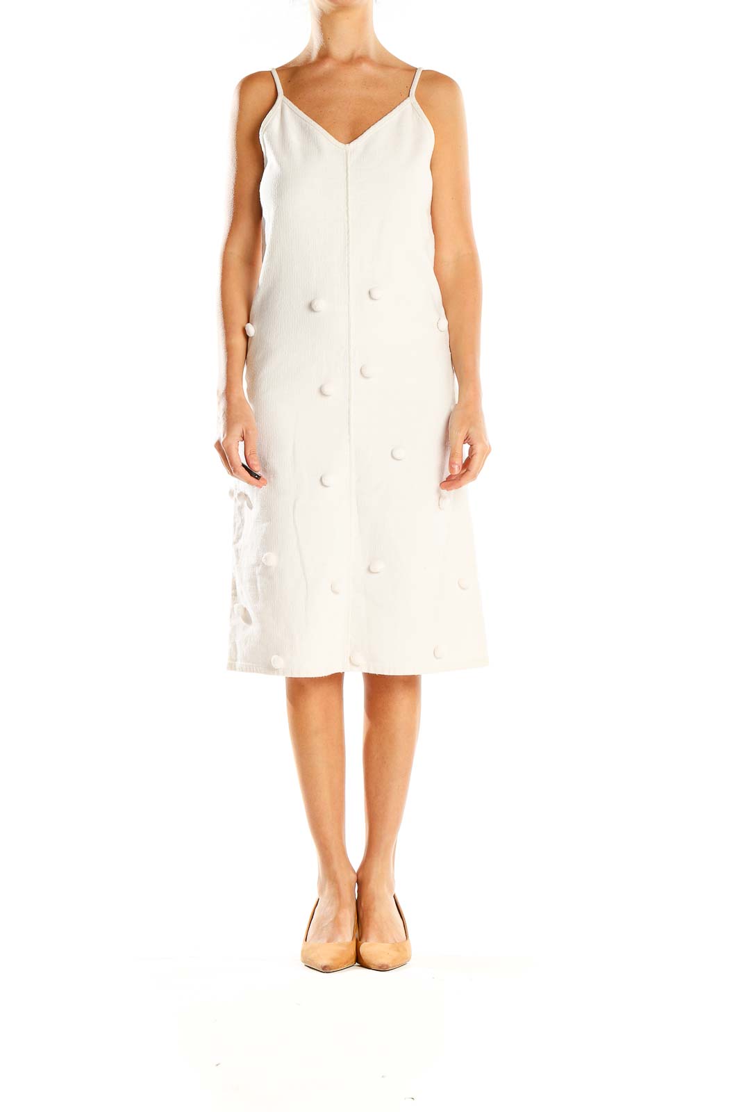 Front view of Apiece Apart white textured button-front midi dress with spaghetti straps