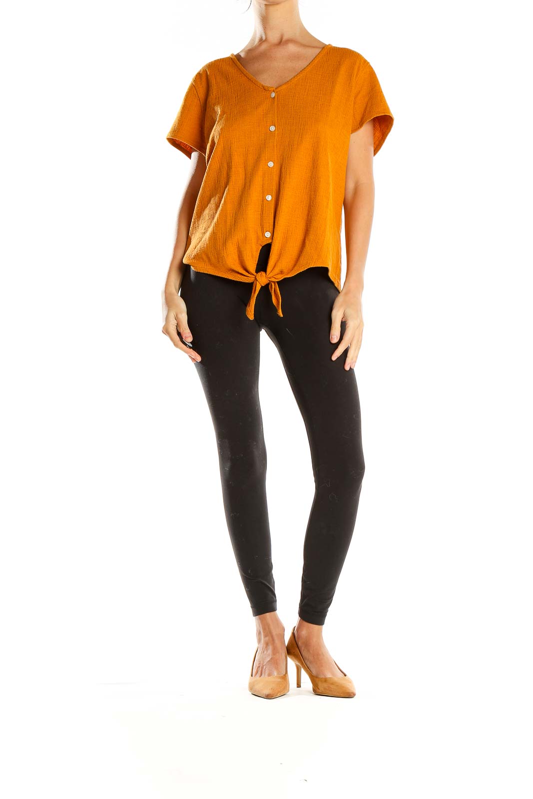 Front view of orange J.Crew button-front top with tie-waist detail