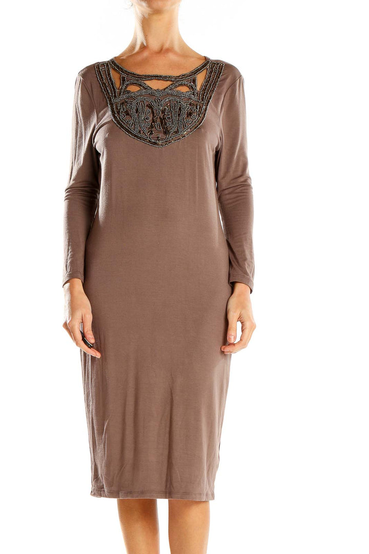 Front view of Reiss brown midi dress with embellished neckline