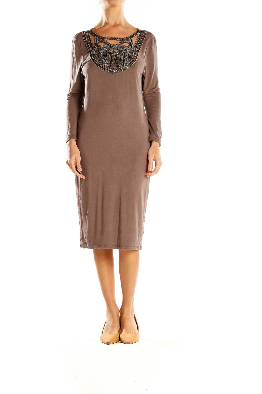 Front view of Reiss brown midi dress with embellished neckline