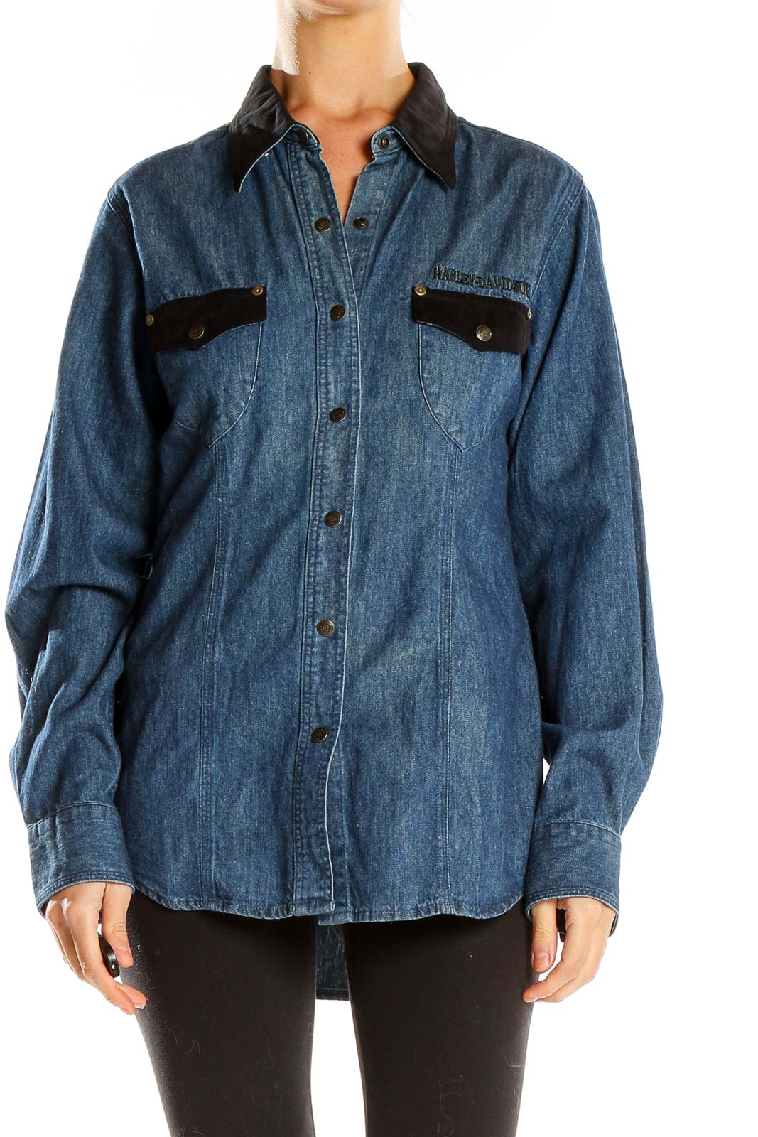 Front view of Harley Davidson blue denim western-style shirt with black velvet trim