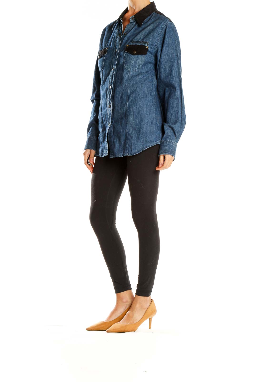 Front view of Harley Davidson blue denim western-style shirt with black velvet trim