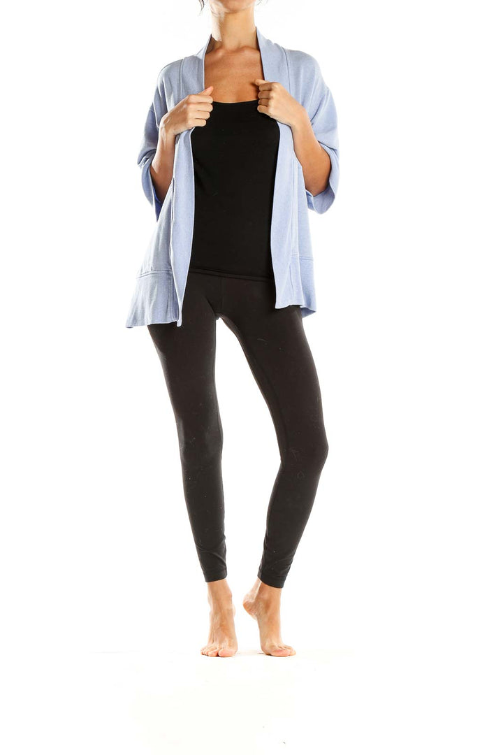 Front view of light blue Athleta relaxed fit cardigan with open front design