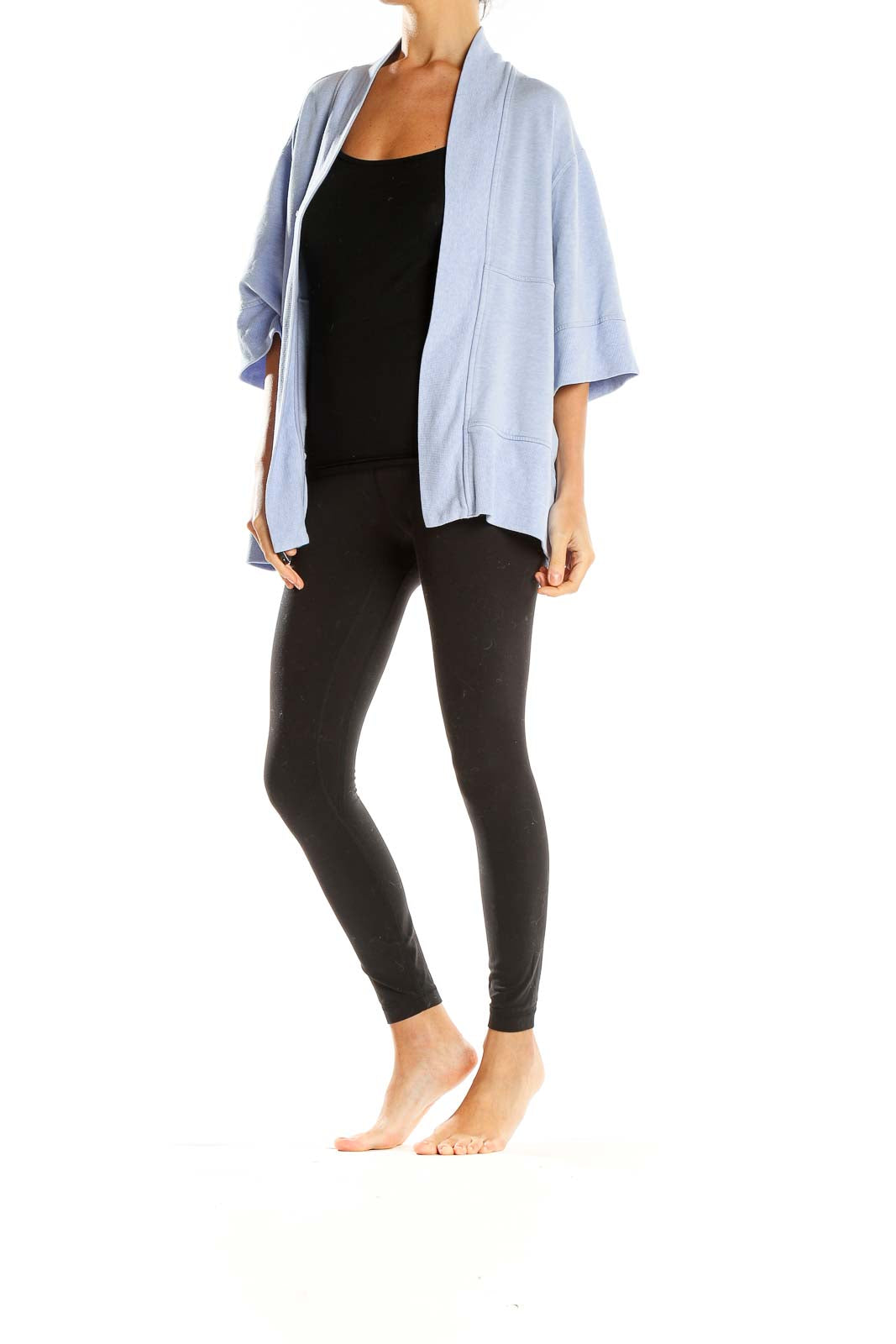 Front view of light blue Athleta relaxed fit cardigan with open front design