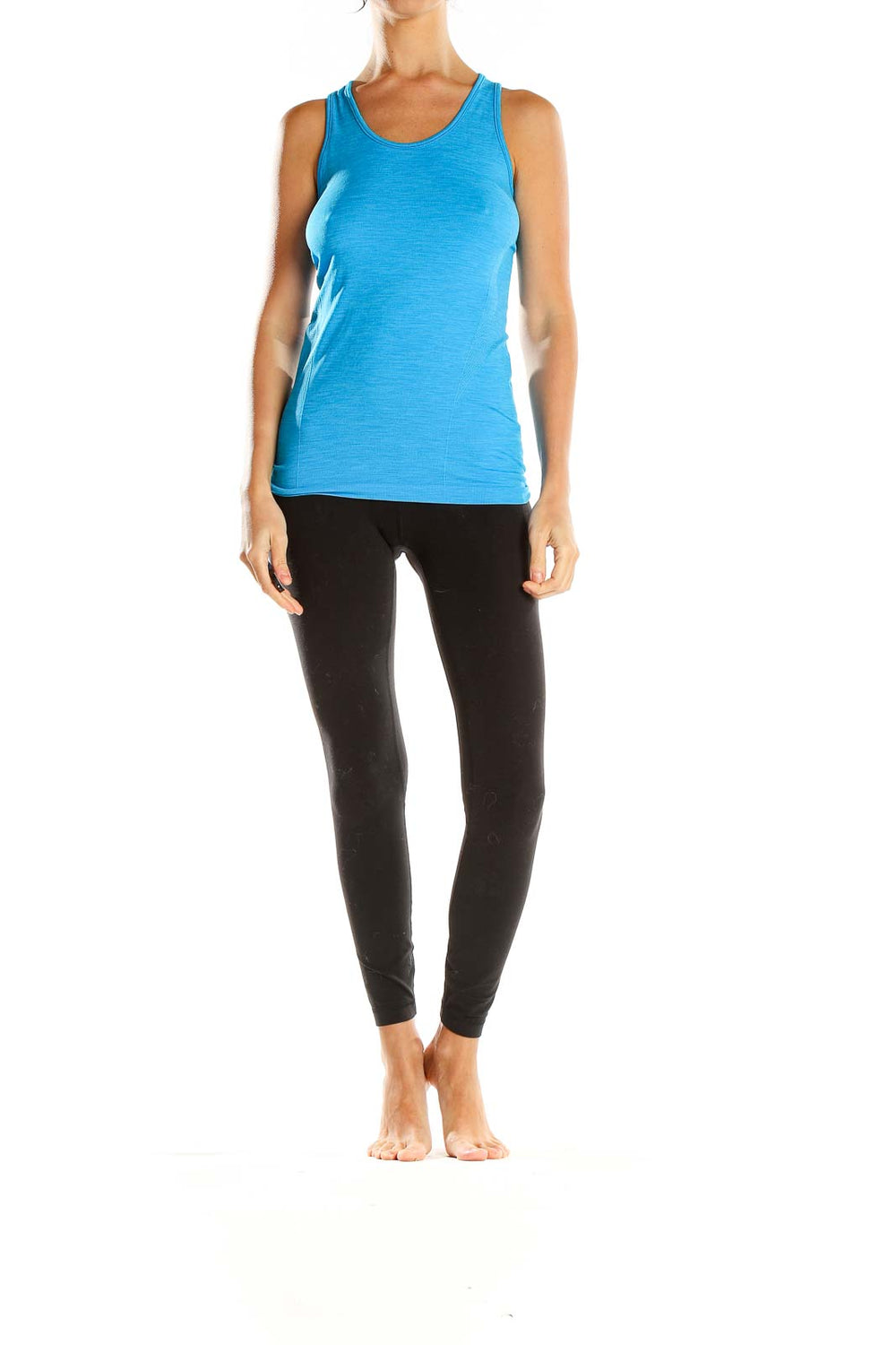 Front view of Sweaty Betty blue sleeveless athletic tank top