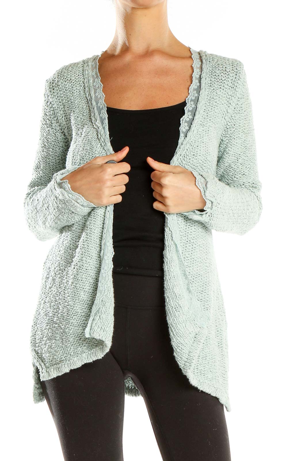 Front view of mint green Zara Knit open front cardigan with scalloped edges
