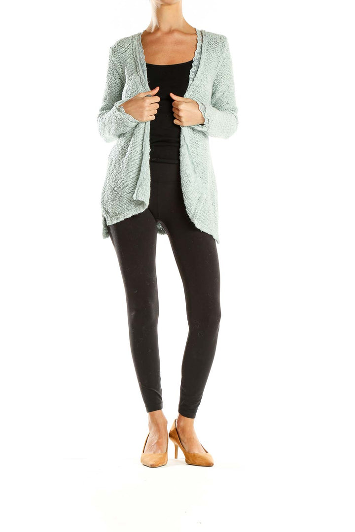 Front view of mint green Zara Knit open front cardigan with scalloped edges