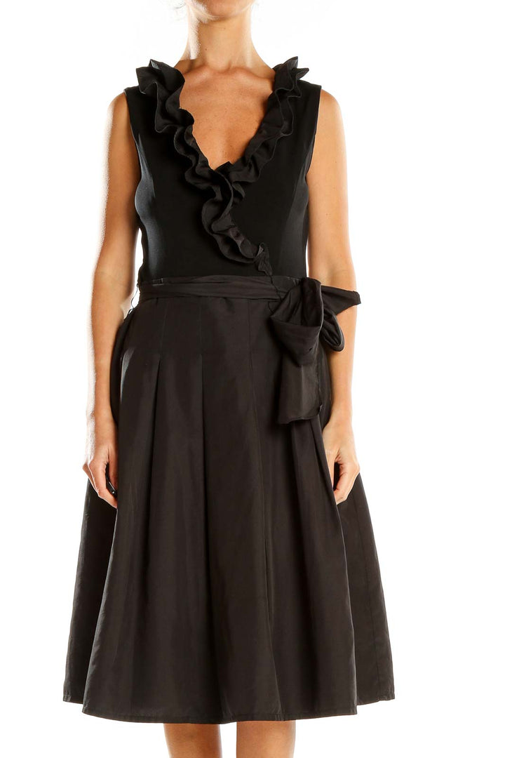 Front view of Jessica Howard black midi dress with ruffled V-neck and tie waist