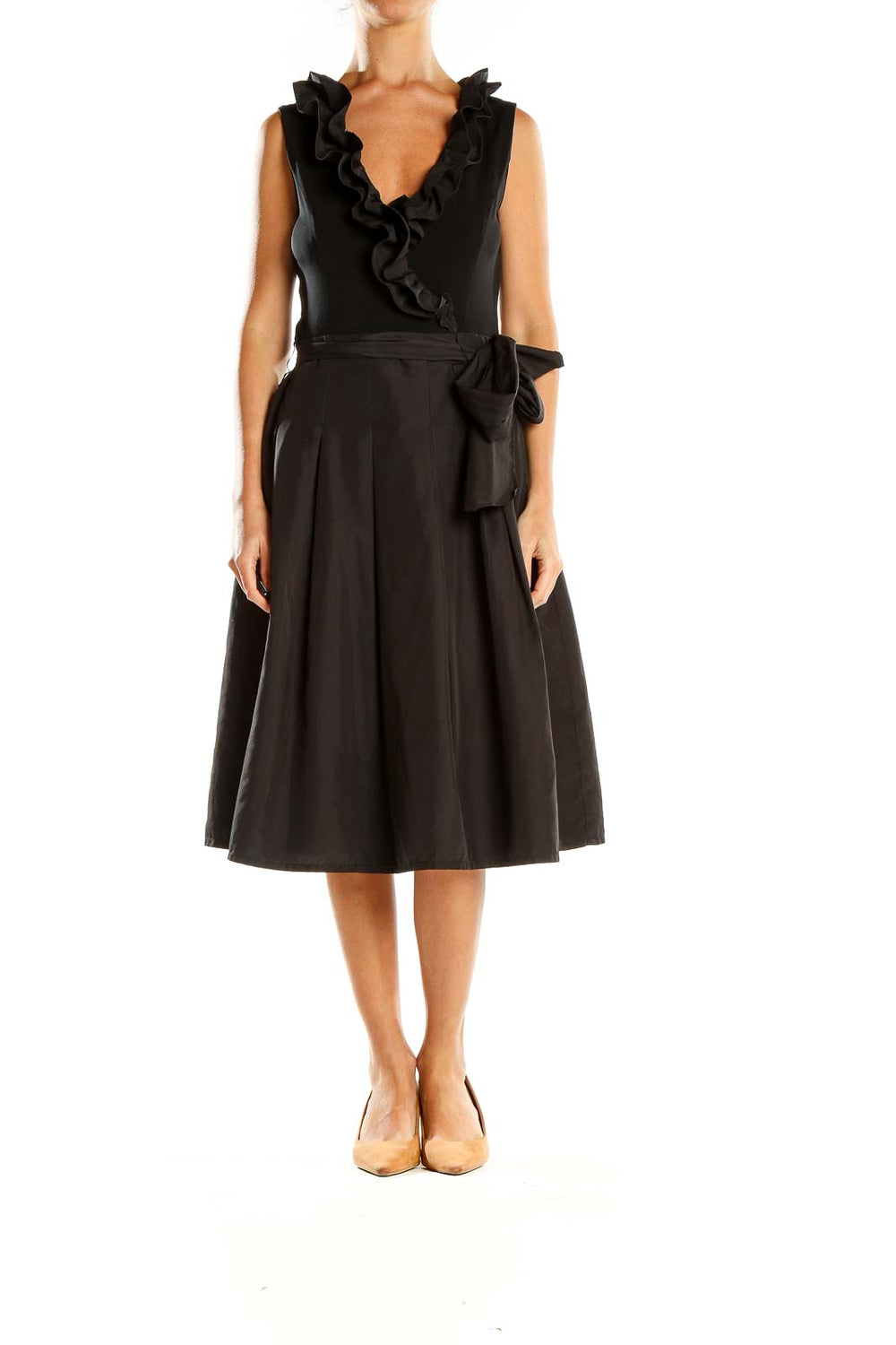 Front view of Jessica Howard black midi dress with ruffled V-neck and tie waist