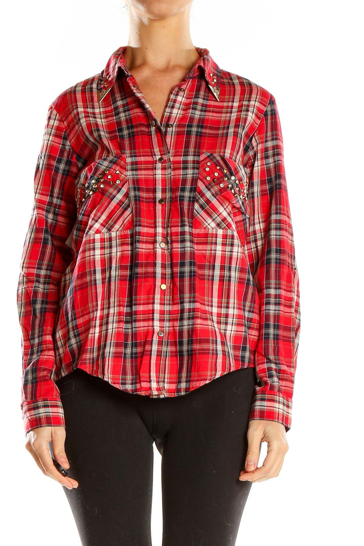 Front view of Zara Woman red plaid button-up shirt with studded collar and pockets