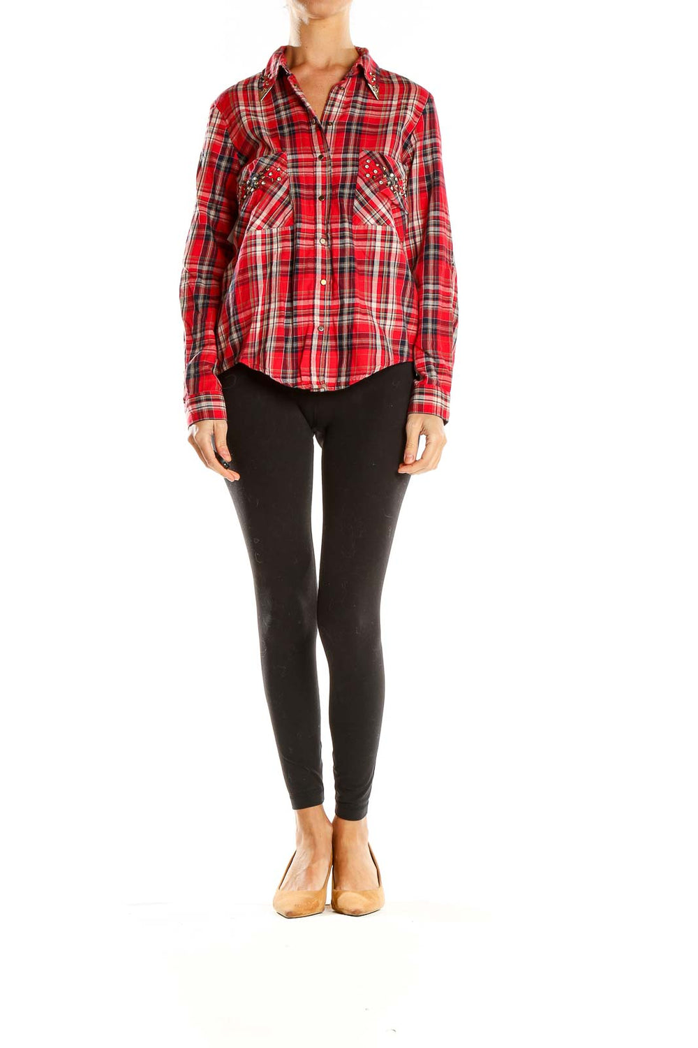 Front view of Zara Woman red plaid button-up shirt with studded collar and pockets