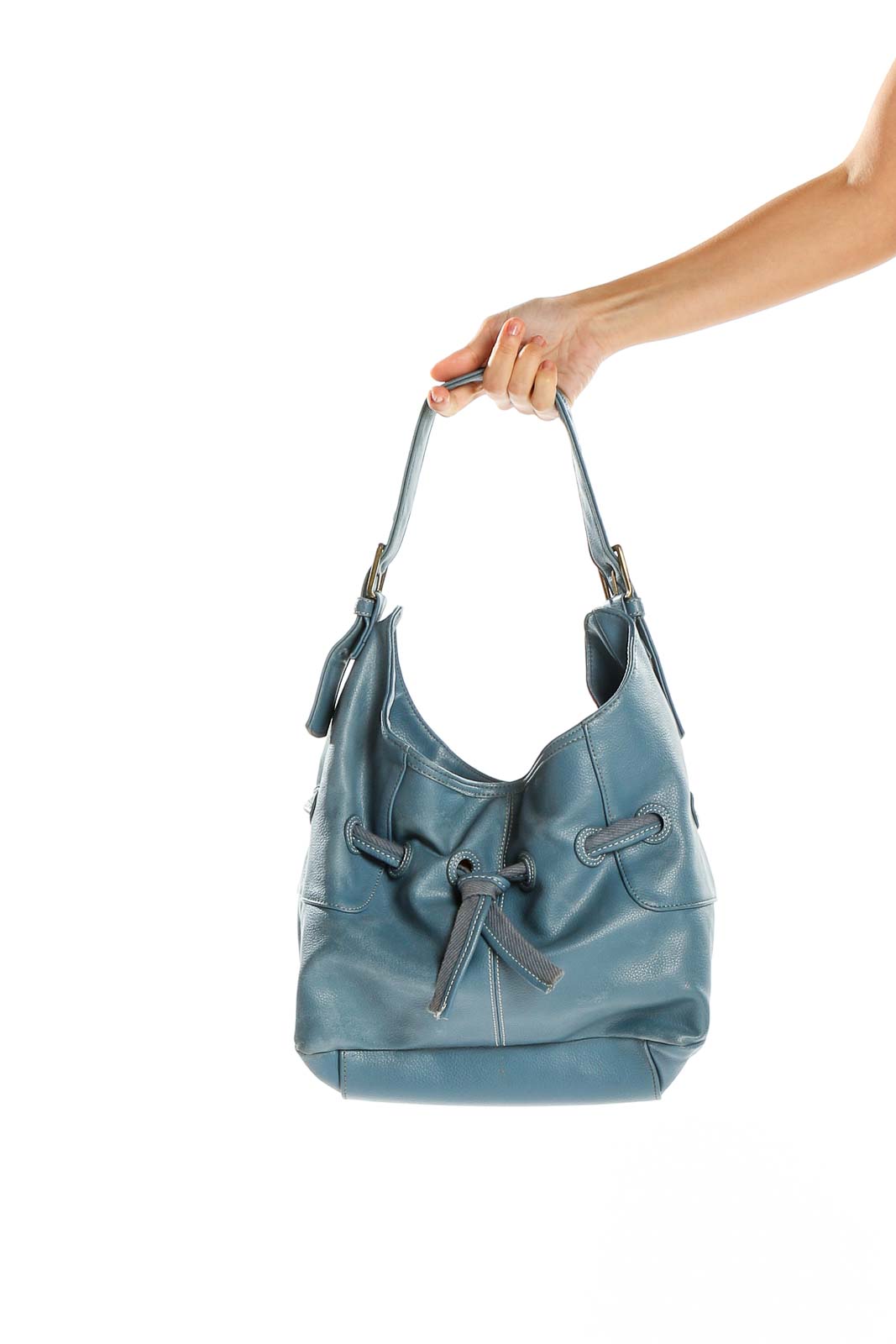 Front view of blue leather hobo shoulder bag by Nine & Co.