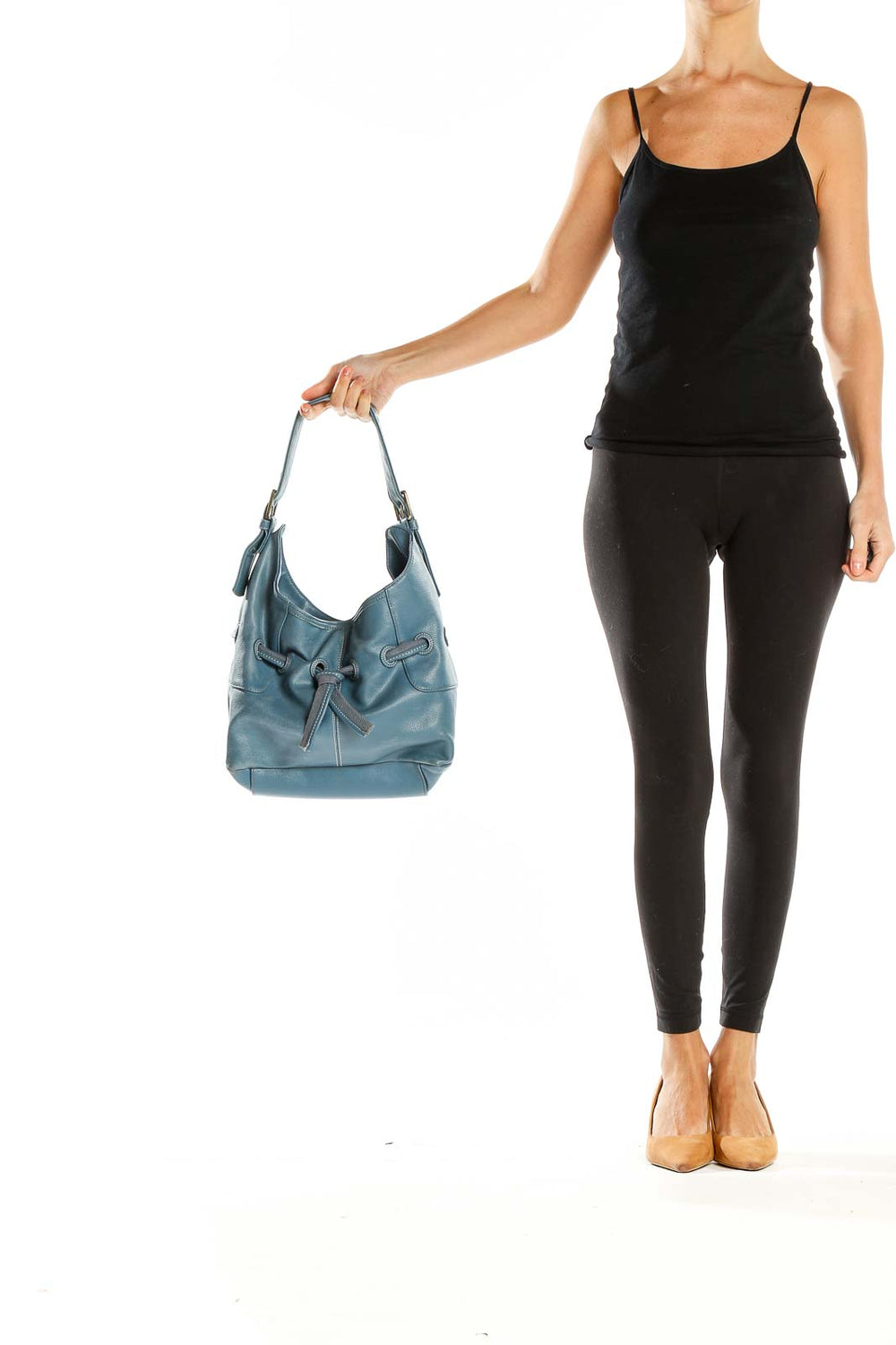 Front view of blue leather hobo shoulder bag by Nine & Co.
