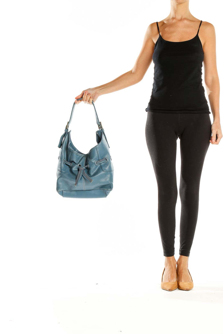 Front view of blue leather hobo shoulder bag by Nine & Co.
