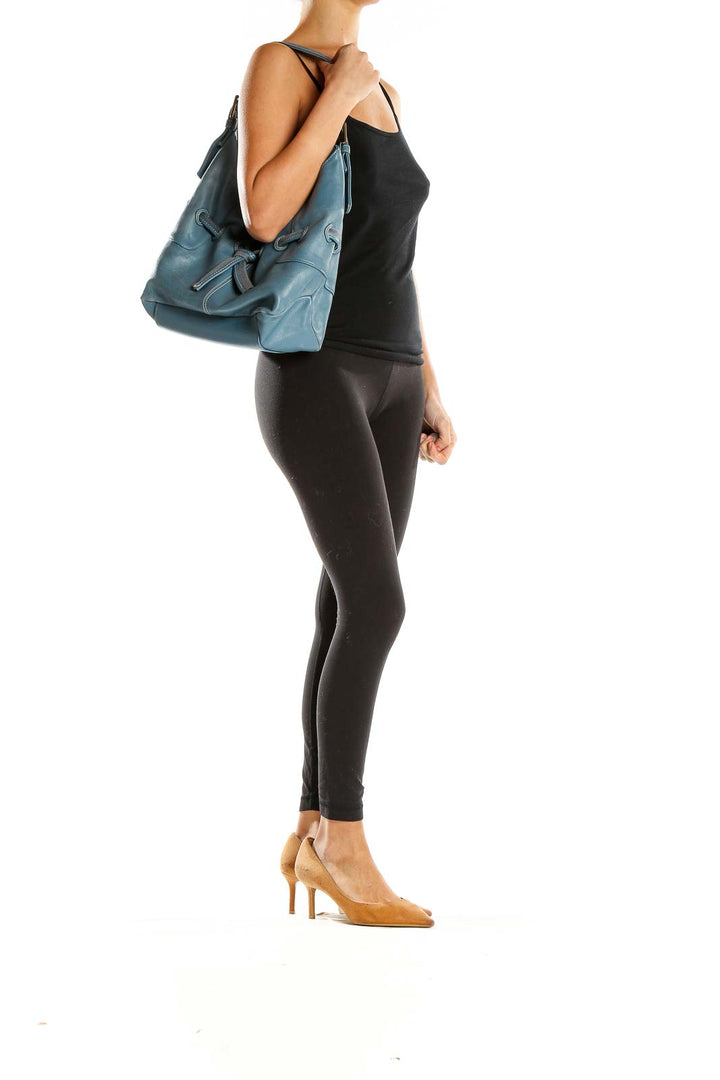 Front view of blue leather hobo shoulder bag by Nine & Co.