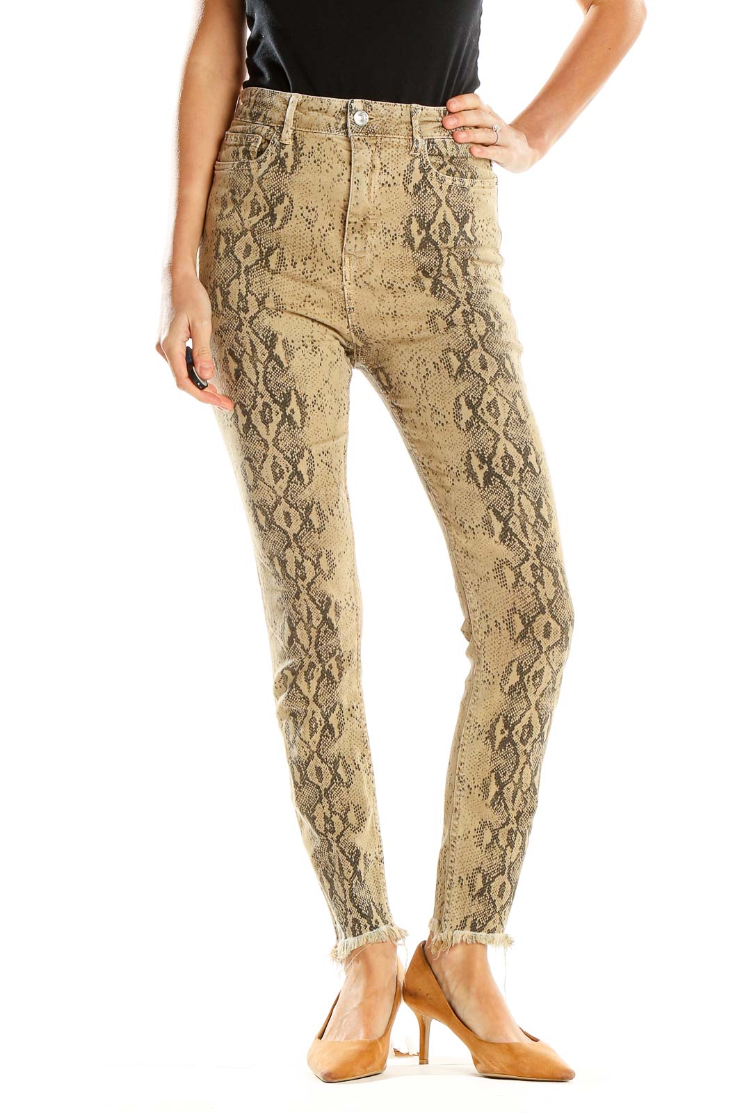 Front view of Zara beige snake print high-waisted skinny pants