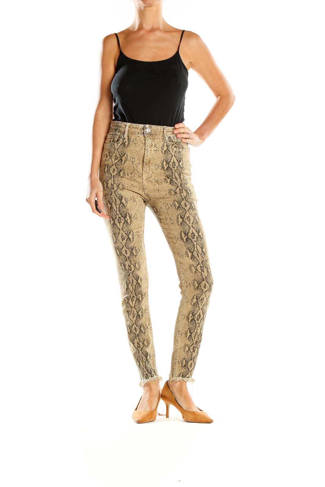 Front view of Zara beige snake print high-waisted skinny pants