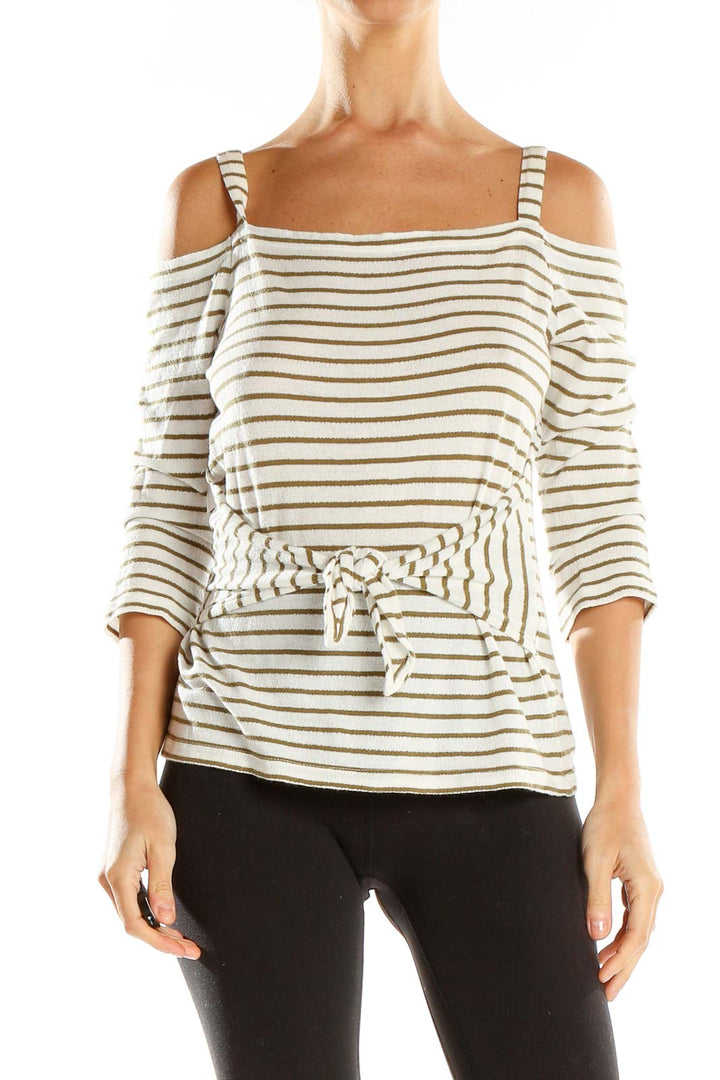 Front view of Lucky Brand White and Tan Striped Off-Shoulder Top with tie-front detail