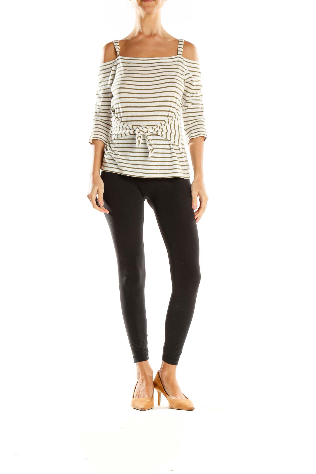 Front view of Lucky Brand White and Tan Striped Off-Shoulder Top with tie-front detail