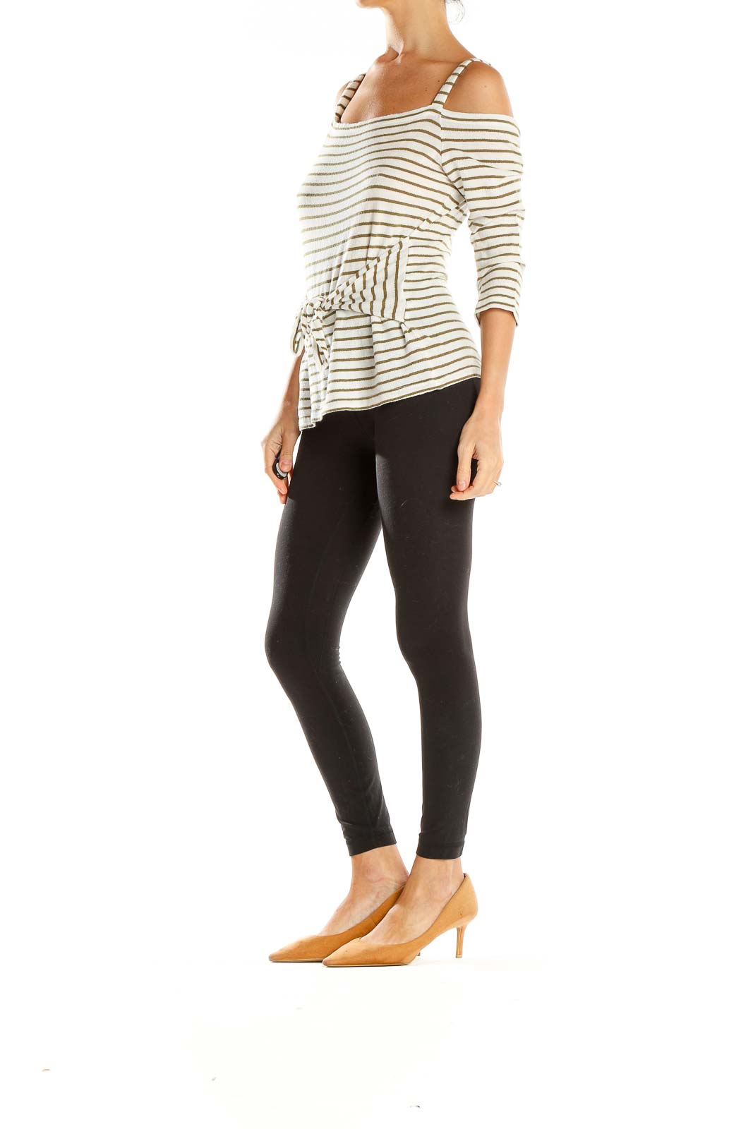 Front view of Lucky Brand White and Tan Striped Off-Shoulder Top with tie-front detail