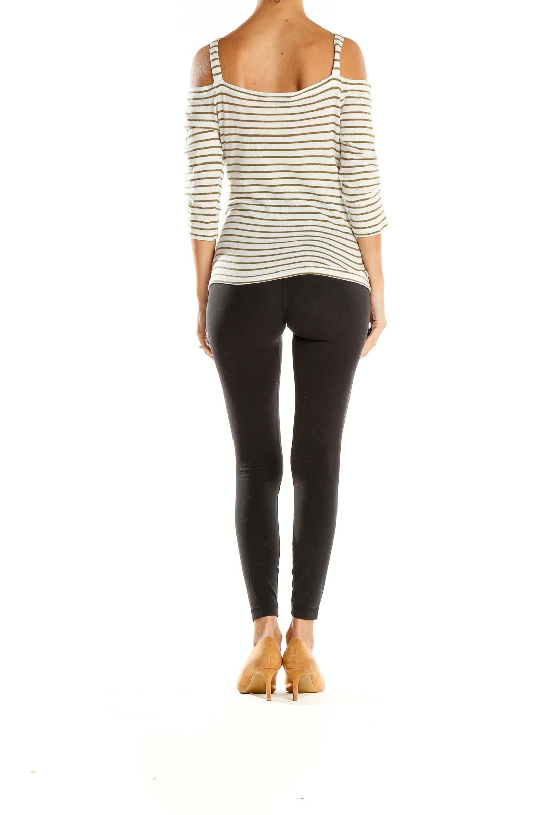 Side view of Lucky Brand White and Tan Striped Off-Shoulder Top paired with black leggings