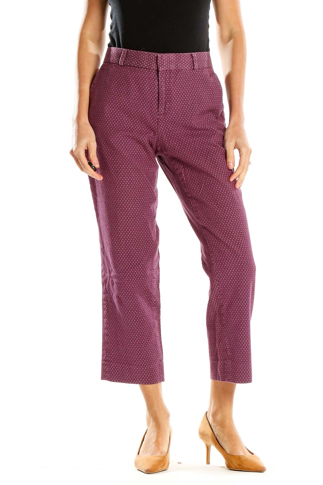 Front view of Banana Republic burgundy polka dot cropped trousers