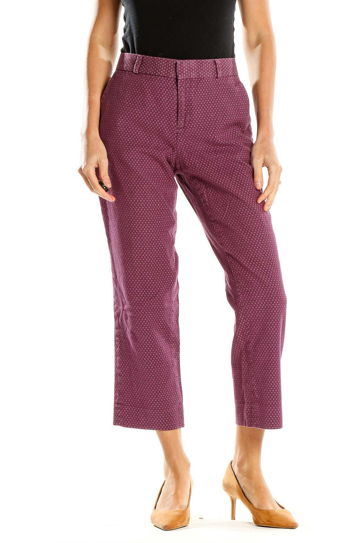 Front view of Banana Republic burgundy polka dot cropped trousers