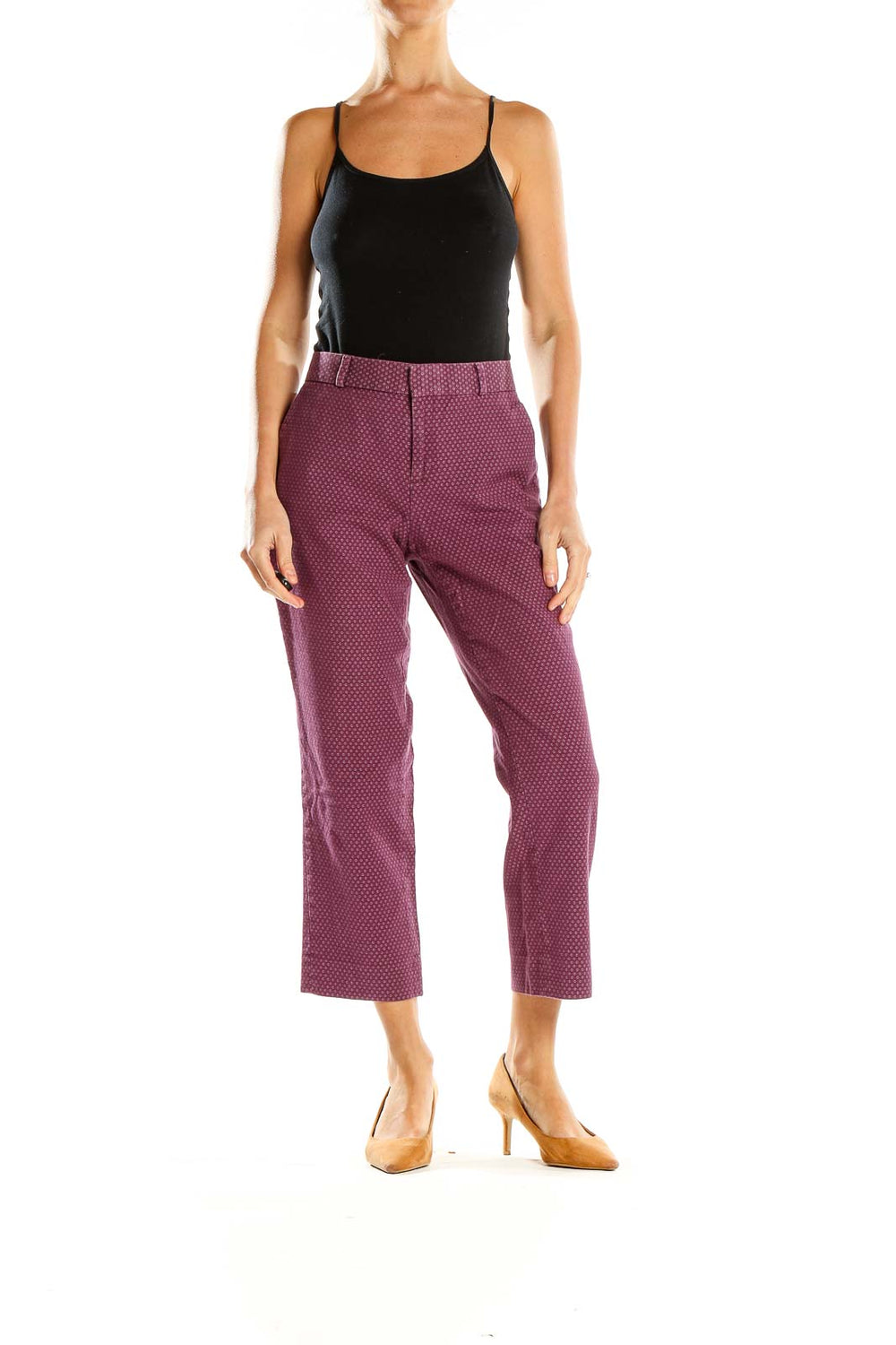 Front view of Banana Republic burgundy polka dot cropped trousers