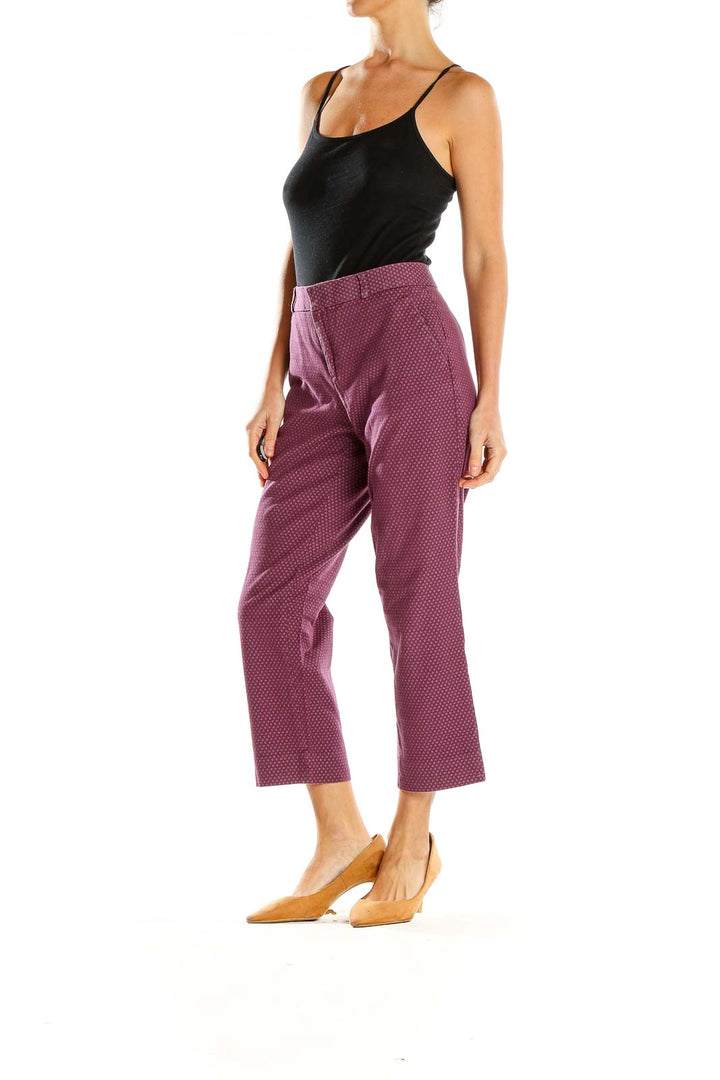 Front view of Banana Republic burgundy polka dot cropped trousers