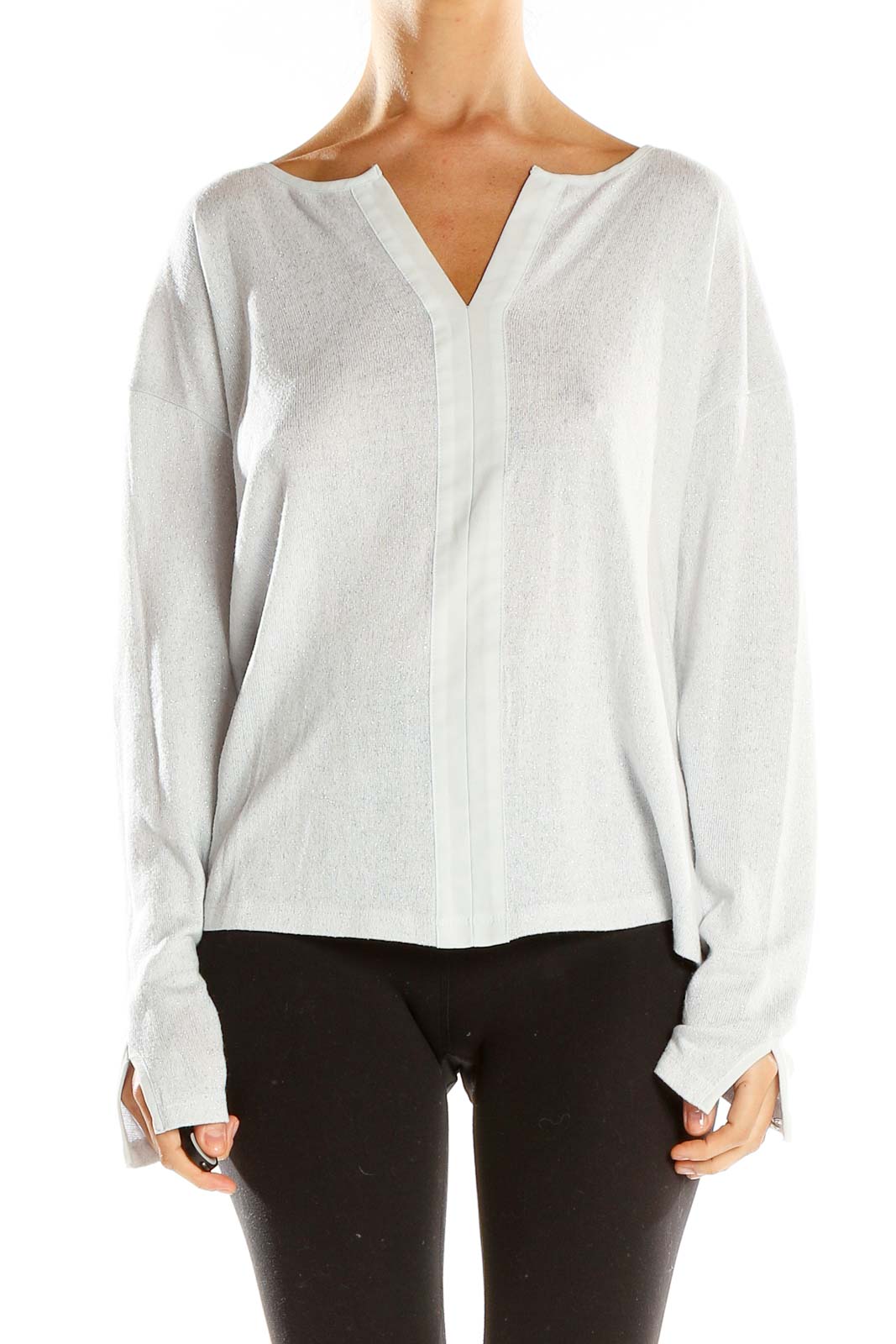 Front view of white V-neck long sleeve knit top by Sanctuary