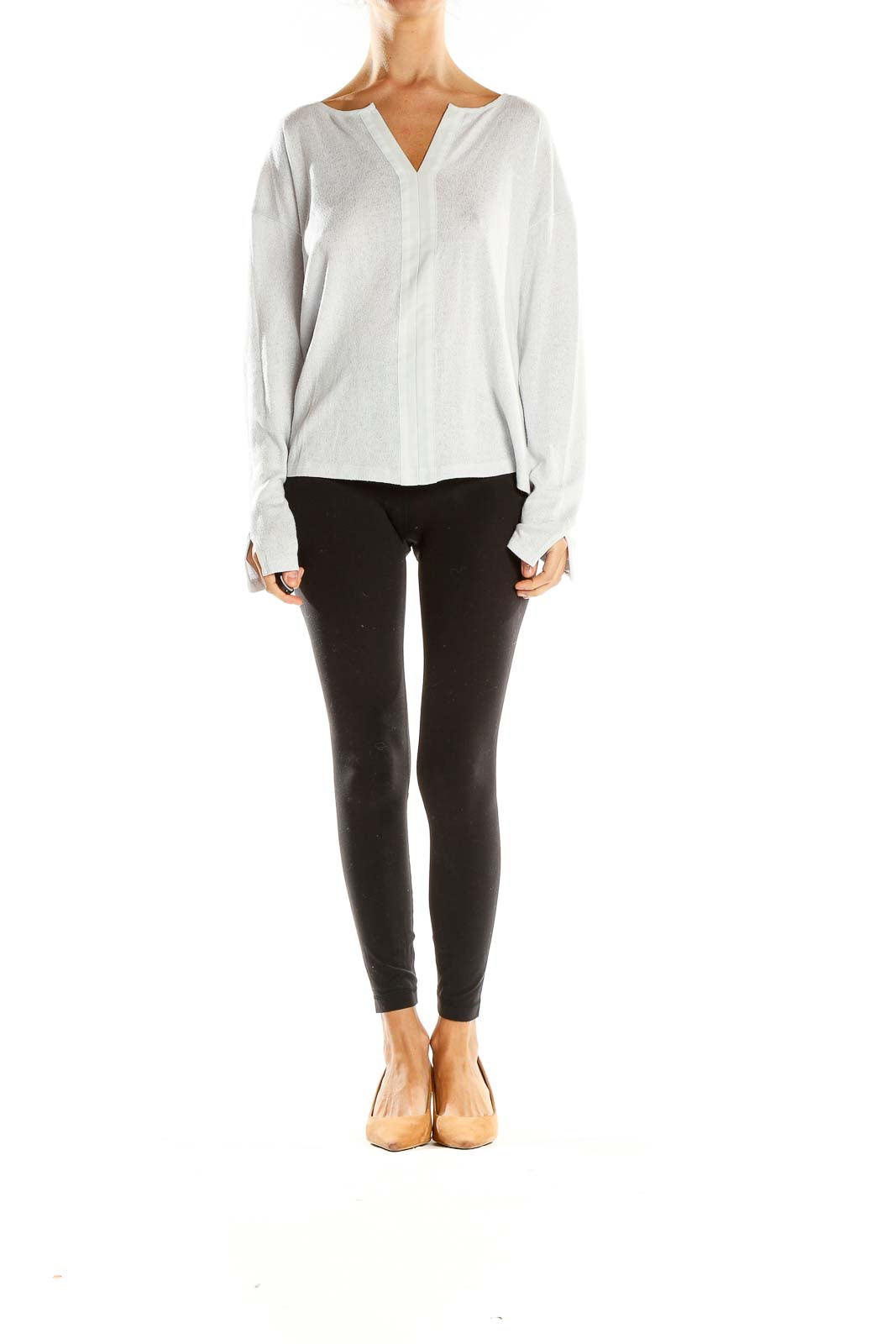 Front view of white V-neck long sleeve knit top by Sanctuary