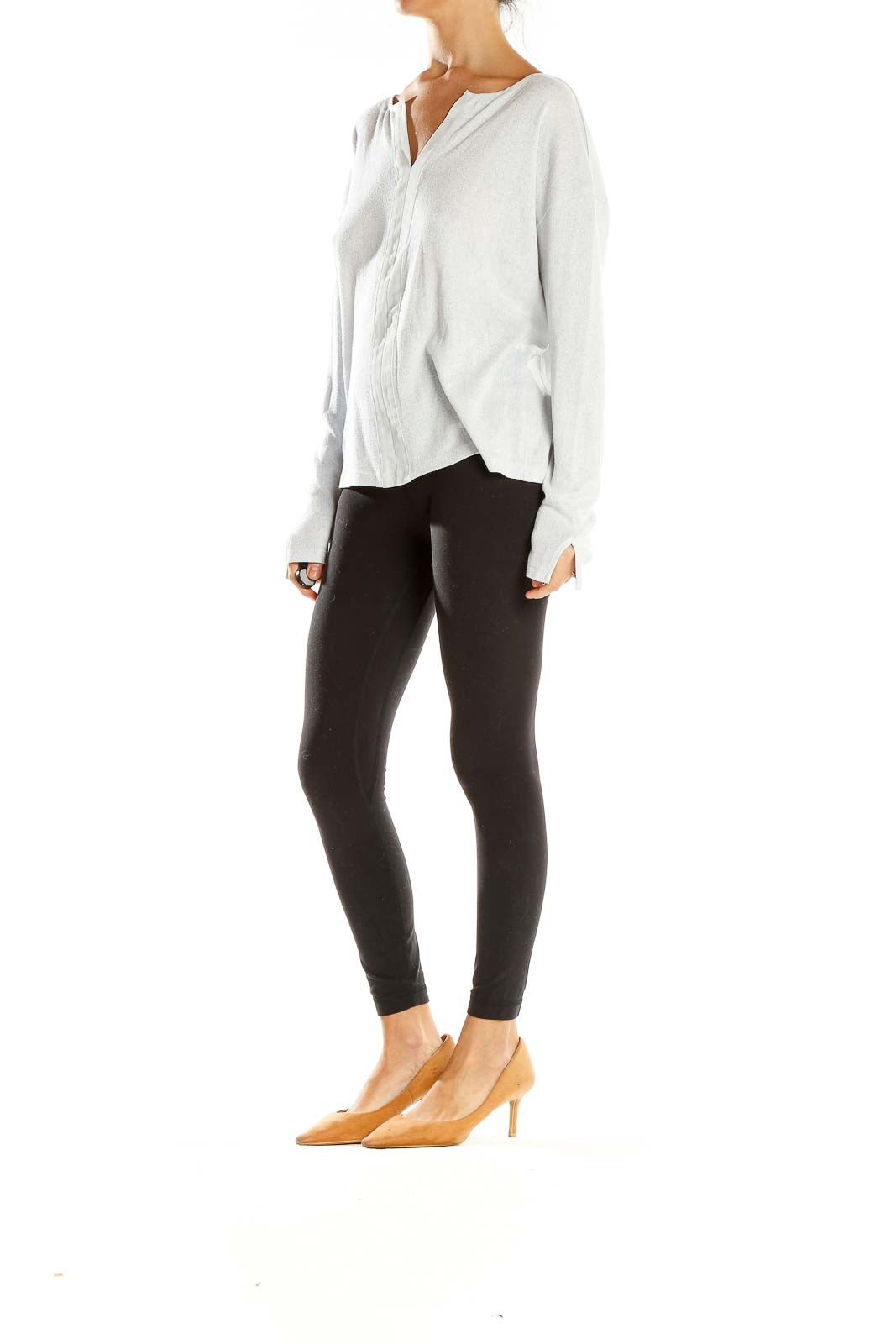 Front view of white V-neck long sleeve knit top by Sanctuary