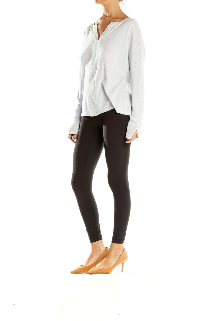 Front view of white V-neck long sleeve knit top by Sanctuary