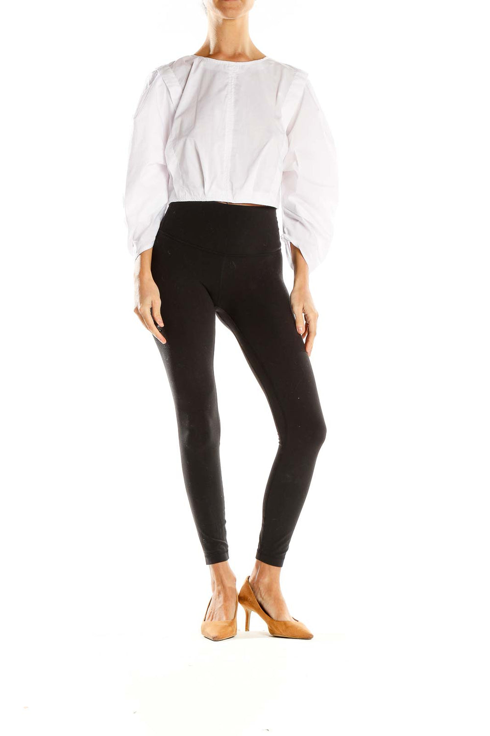 Front view of Olivaceous white cropped top with puff sleeves