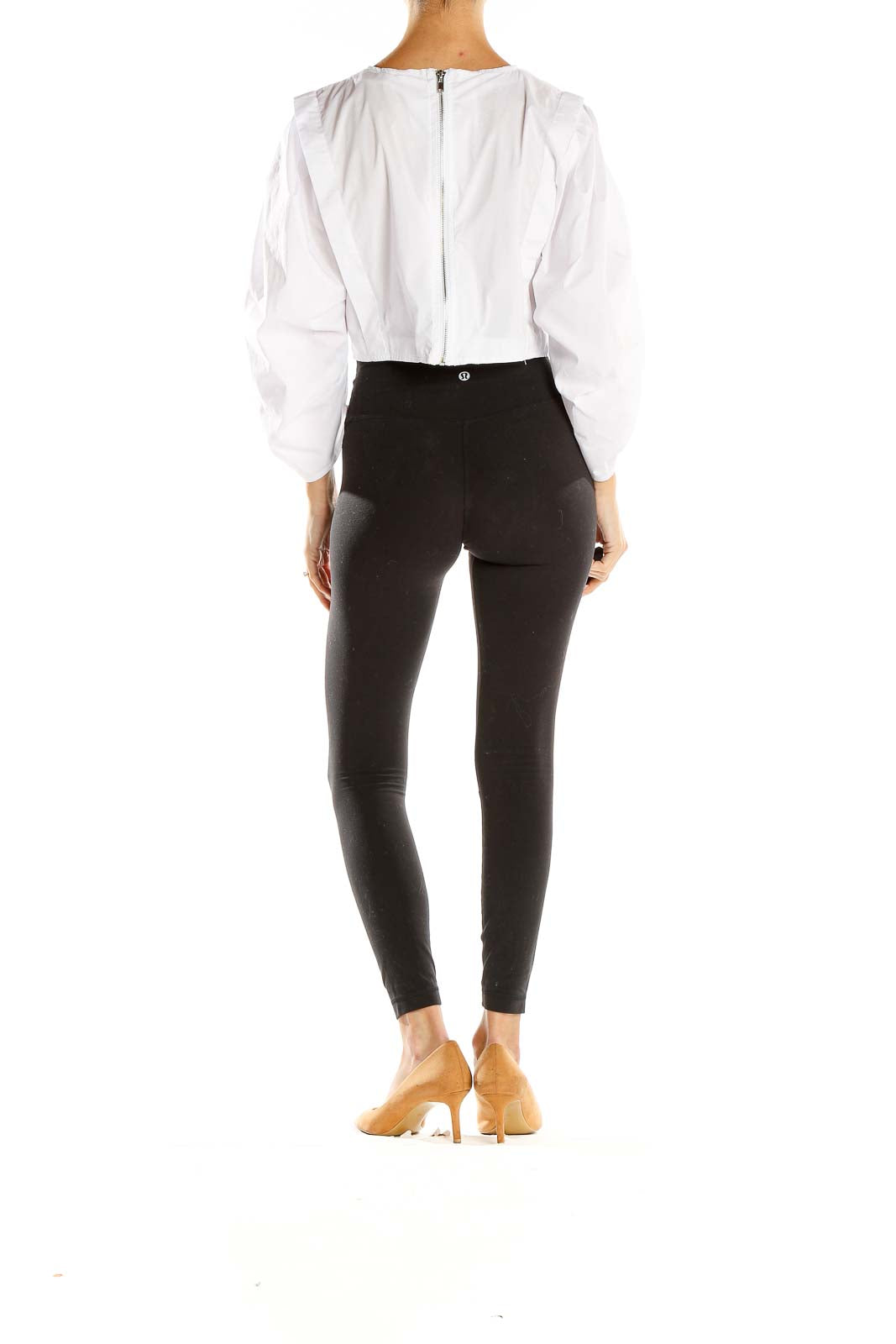 Back view of Olivaceous white cropped top with puff sleeves