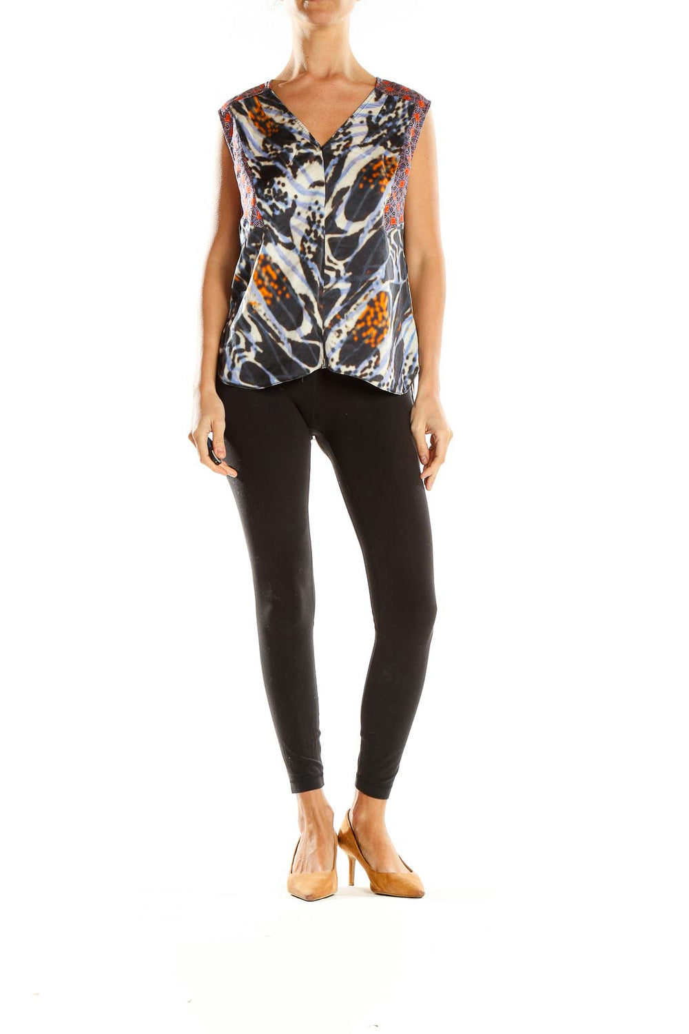 Front view of Rachel Roy abstract print silk top in black, white, and orange