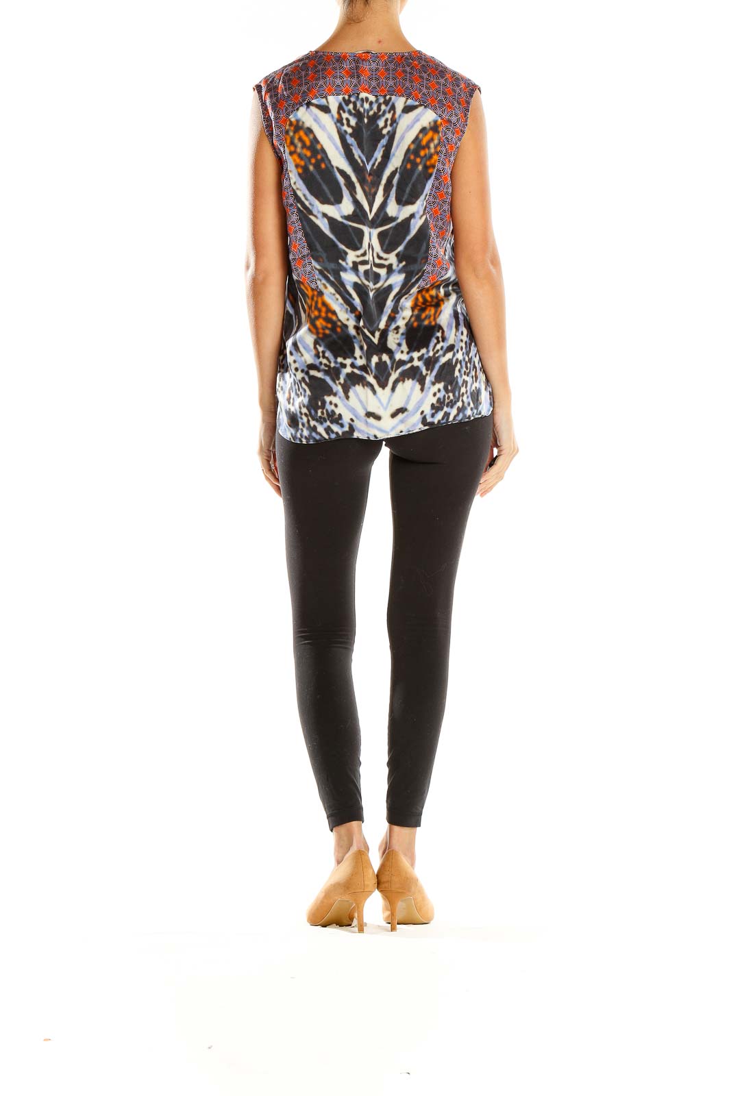 Side view of Rachel Roy abstract print silk top showing sleeveless design