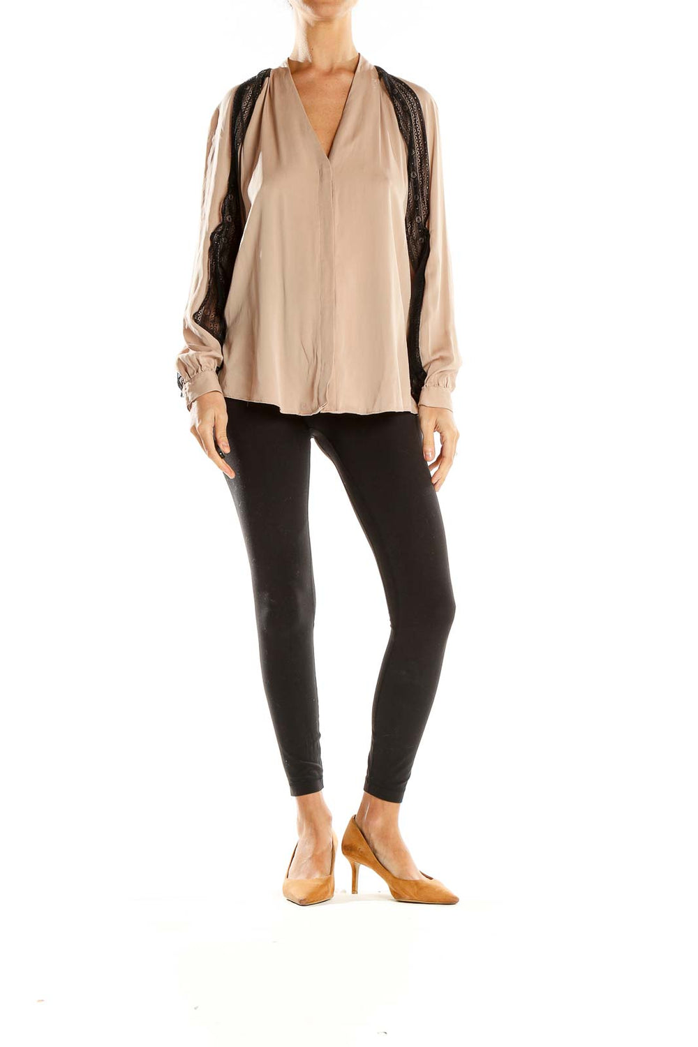 Front view of Kobi Halperin beige blouse with black lace trim and V-neckline