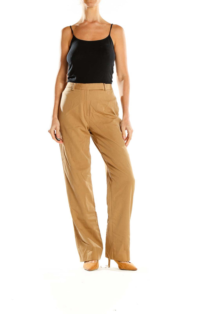 Front view of Brooks Brothers khaki straight-leg trousers on model
