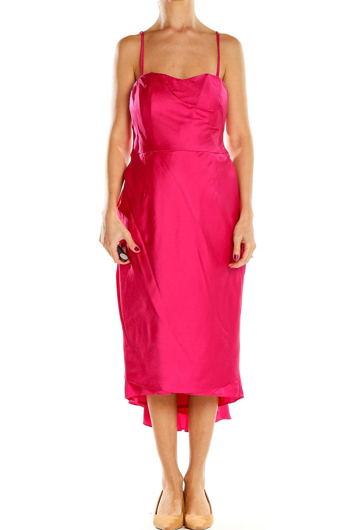 Front view of hot pink satin midi dress with sweetheart neckline