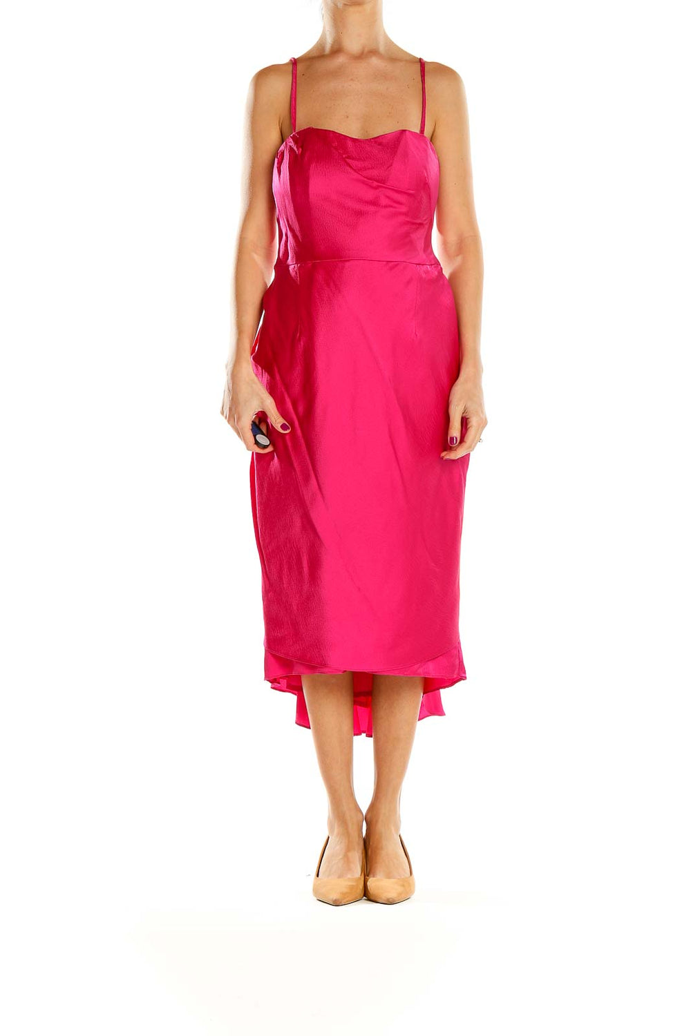 Front view of hot pink satin midi dress with sweetheart neckline