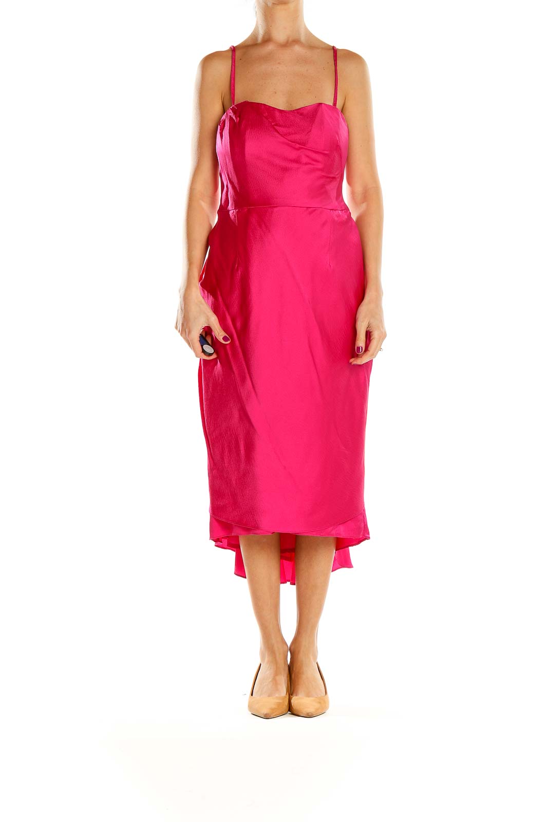 Front view of hot pink satin midi dress with sweetheart neckline