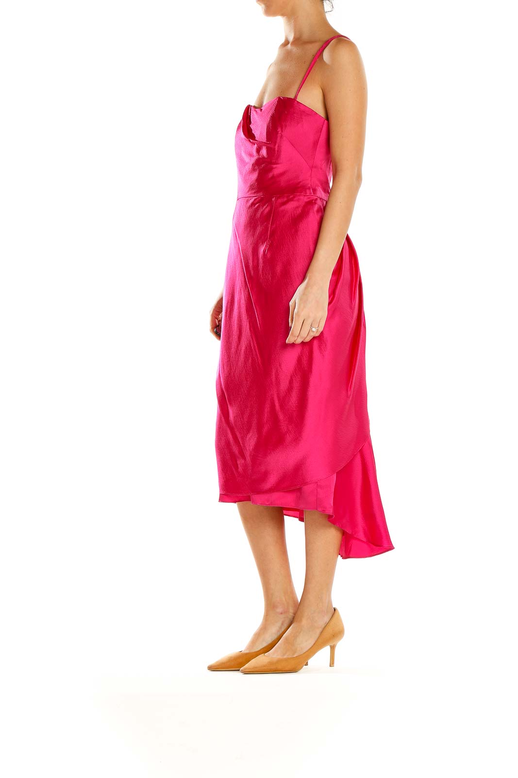 Front view of hot pink satin midi dress with sweetheart neckline